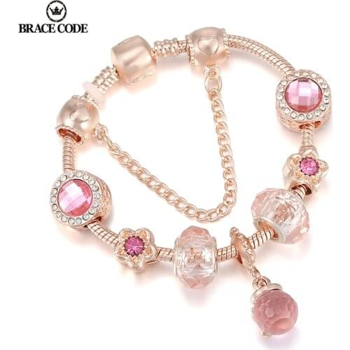 BRACE CODE Rose Gold Pink Crystal Pendant Brand Bracelet Free Combination Bracelet, Ladies Fine Bracelet Fashion Jewelry