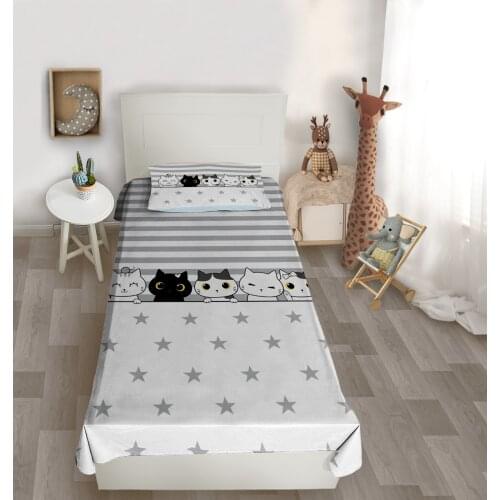 Çocuk odası yatak örtüsü kedi yıldız siyah gri