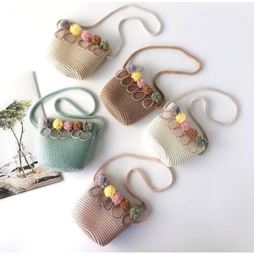 Children Girls Flower Zipper Cross-body Handbag Fashion Girls Kids Straw Shoulder Messenger Bag