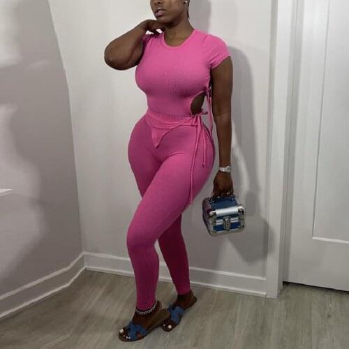 Elastic Hight Ribbed Knitted Suit Summer Clothes for Women Side Hollow Drawstring Irregular Tops and Pencil Legging Co-ord Set