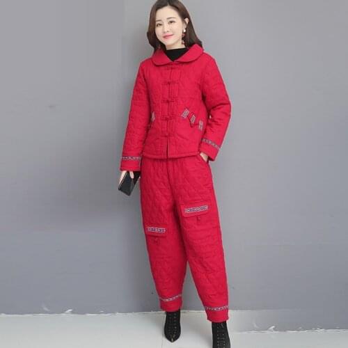 Elegant Chinese Style 2 Piece Sets Women Cotton-Padded Jackets Harem Pants Winter Tang Suit Vintage Tai Chi Clothing Women 11866