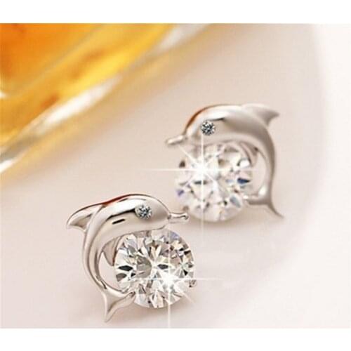 Exquisite Cute Romantic Dolphin Love Stud Earrings For Women 925 Stering Silver Jewelry Round Cut AAA Zircon Brinco Bijoux