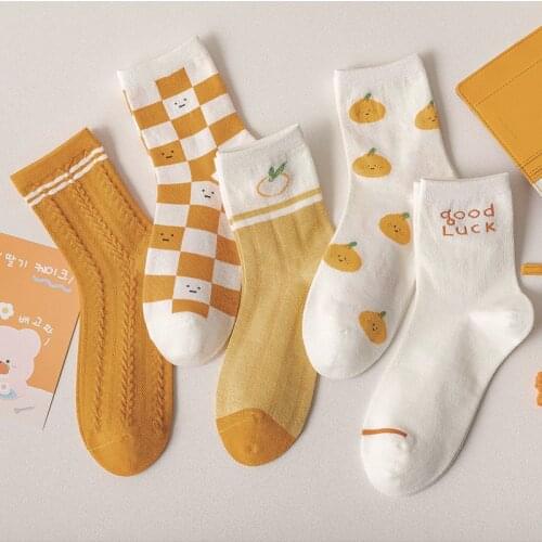 Kawaii Spring Summer Womens Socks Funny Cartoon Smiling Face Fruit Mid-Tube Sox Japanese Style Letters With Good Luck Sock