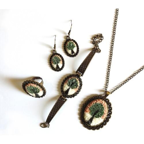 Giftome Life Tree Pattern Natural Handmade Mosaic Stone Necklace Ring Earrings Bracelet Set