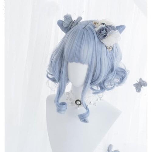 CosplayMix 27CM Lolita Anime Cosplay Wig Short Curly Blue Buns Lady Party Bob Clips Synthetic Heat Resistant Hair+Cap