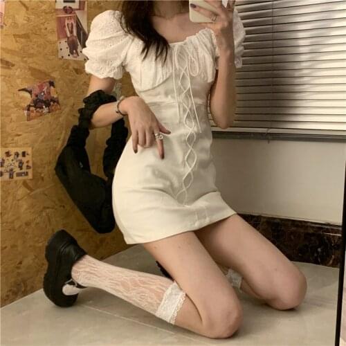 Fashion elegant bandage white female mini dress summer party birthday festival cute sexy french romantic silk dress women