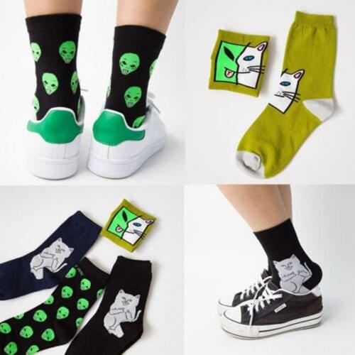 Fashion Unisex Autumn Winter Women Warm Cotton Socks Art Funny Alien Planet Creative Cartoon Cat Comfortable Breathable Couple