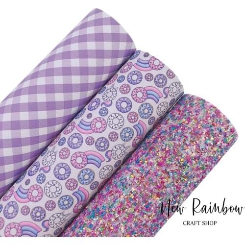 New Rainbow 3PCS/Bundle 22X30cm/A4 Purple Unicorn Donut Set Faux Leatherette Fabric Perfect For Making Baby Bows, Purses, Shoes