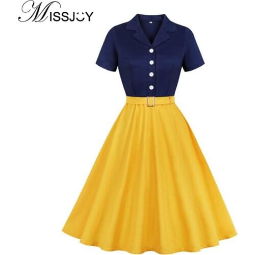 MISSJOY Women Dress 2019 Autumn Casual A-Line Belted Patchwork Notched Neck Swing Club Button Short Sleeves Vintage Party Плать