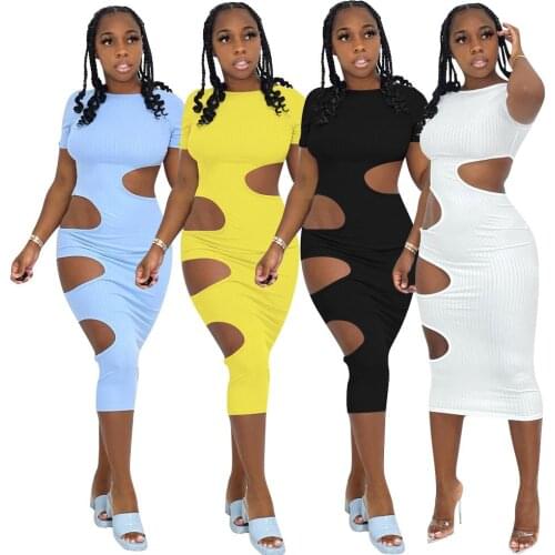 Casual Knitted Rib Solid Cut Out Maxi Summer Dress Elegant Club Outfits Women Hot Summer Club Party Fashion Female Robe Lounge