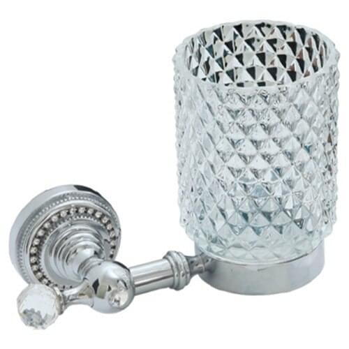 Queen Chrome Mount Brass-Diamond Shaped Glass-Stone Pattern Tooth Brush Holder 9206