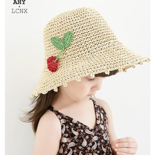 Foldable Summer Children Cherry Sun Hat Girls Straw Hats Baby Boy Girl Visor Cap Kids Fisherman Cap Beach Sunscreen Bucket Hat