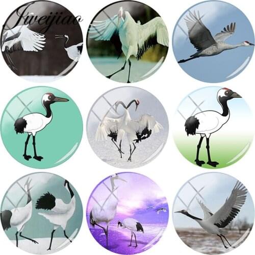JWEIJIAO White Feather Bird Glass Cabochon DIY Round Bead Jewelry Long Legged Bird Pendant Charms Accessories