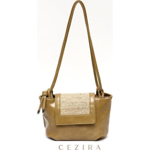 CEZIRA Designer PU Vegan Leather Messenger Bag For Women Luxury Straw Woven Patchwork Flap Handbags Female Casual Shoulder Purse