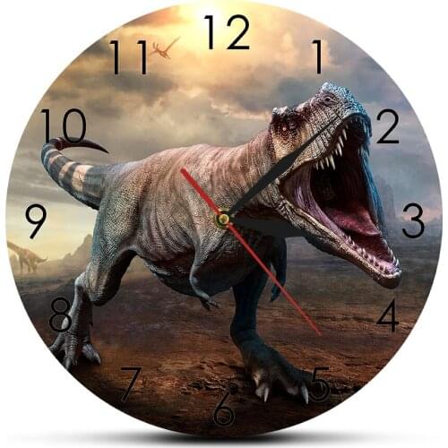 Jurassic King T-Rex Tyrannosaurus Wall Clock T-Rex Roaring Scene 3D illustration Wall Art Home Decor Dinosaur Silent Wall Watch