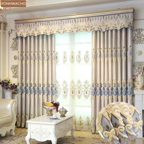 Custom curtains European luxury bedroom embroidered French sliver grey thick cloth blackout curtain valance tulle drape C863