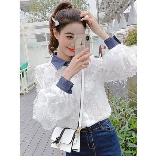 Women Blouse Womens Lace Denim Collar Spring Autumn Top Stitching Tassel Long Sleeve Shirt Blusas Ropa De Mujer
