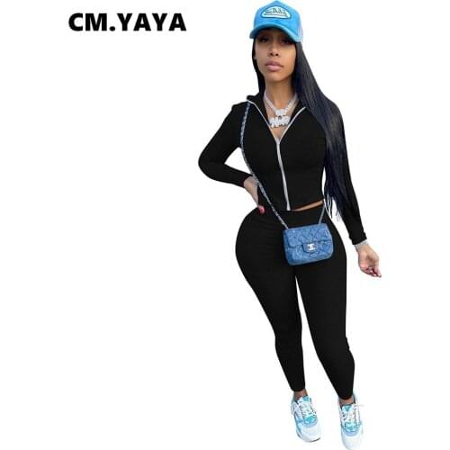 CM.YAYA Women Tracksuit Solid Full Sleeve Zipper Strand Collar Slim Crop Tops Skinny Pants Two 2 Piece Sets Casual Outfit Autumn