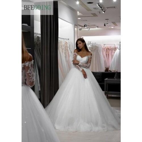 Ivory Tulle Lace Beading Long Sleeves Off the shoulder Bridal dress Floor-Length A-line Wedding gowns Chapel Train