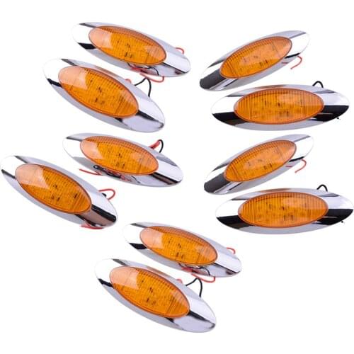 10Pcs/Set Car 2 Wires 12V Amber LED Clearance Thin Side Marker Lights 16 LED Chrome Oval Fit For Freightliner Truck Universal