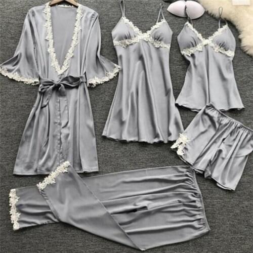 2021 Women Satin Sleepwear Thin 5 Pieces Pyjamas Sexy Lace Pajamas Sleep Lounge Pijama Silk Night Home Clothing Pajama Suit