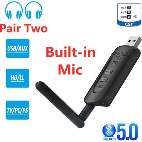 CSR8675 AptX HD Low Latency Bluetooth 5.0 Audio Transmitter 3.5mm AUX USB Dongle Wireless Adapter & Mic for TV PC PS4 Headphones