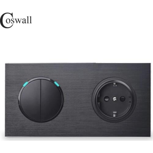Coswall Black Aluminum Metal Panel EU Wall Socket + 2 Gang 2 Way On / Off Pass Through Stair Light Switch Switched LED Indicator