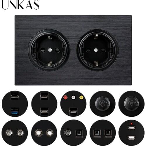 UNKAS Dual EU Black Aluminum Panel Socket + HDMI-Compatible USB TV RJ11 Telephone RJ45 Computer Dimmer Fan Regulator Switch
