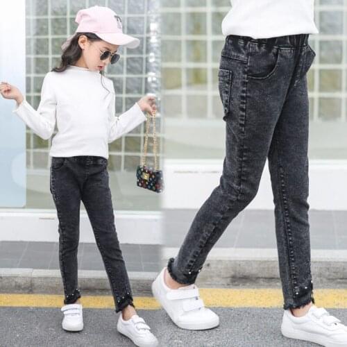 Girls Jeans 2021 Childrens Clothing Elastic Pants Spring Autumn Kids Slim Pearl Denim Trousers 4-13Y Skinny Jeans For Teenager