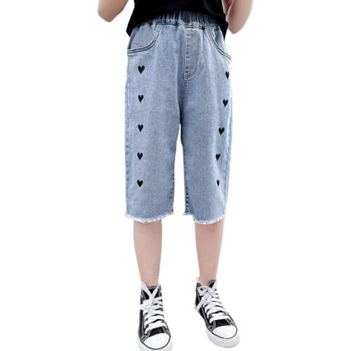 Jeans Girl Ripped Girls Short Jeans Pants Heart Pattern Denim Jeans Kids Summer Clothes For Girls 6 8 10 12 14