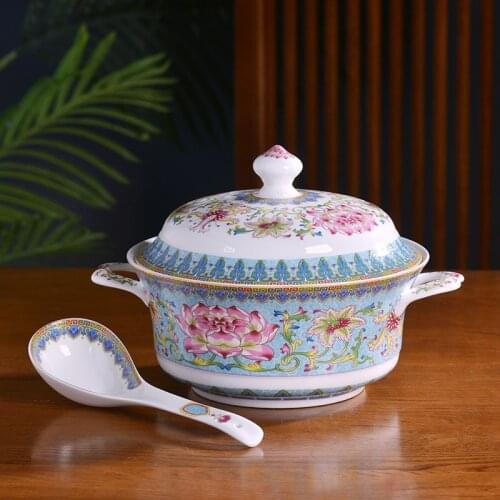 Jingdezhen ceramic household soup bowl with cover and ears