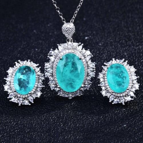QTT Luxury Pure 925 Sterling Silver Paraiba Earrings Necklace Jewelry Set Gemstone Fine Jewelry Wedding Anniversary Gift
