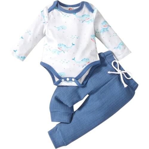 Lioraitiin 0-24M Newborn Infant Baby Girl Boy 2Pcs Autumn Clotohing Set Casual Long Sleeve Bodysuit Top Long Solid Blue Pants