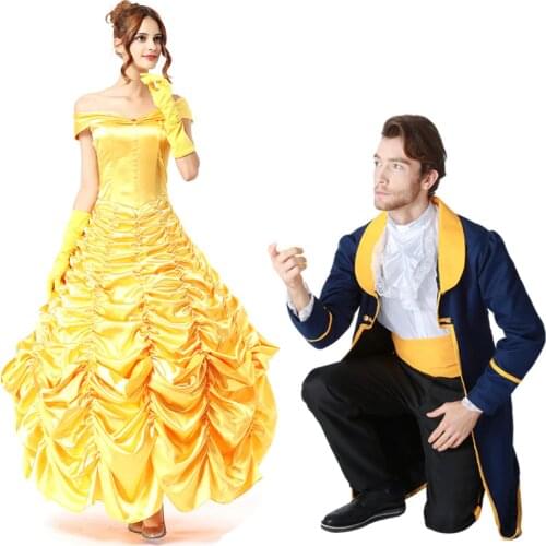Adult Cosplay Costume Set Couple Costumes Princess Belle Dress Prince Halloween Outfit Men Women