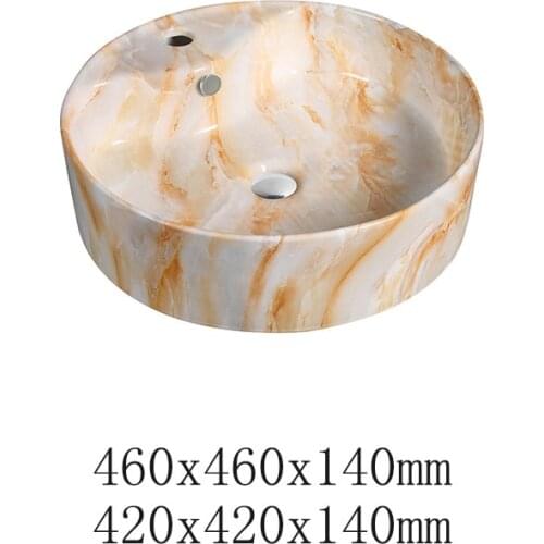 Round countertop ceramic bathroom cabinet vanity art basin marble pattern round ceramic basin with tap hole