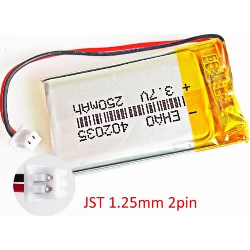 3.7V 250mAh Lithium Polymer Li-Po Rechargeable Battery 402035 + JST 1.25mm 2Pin Plug For GPS Navigator Battery Mp3 GPS Bluetooth