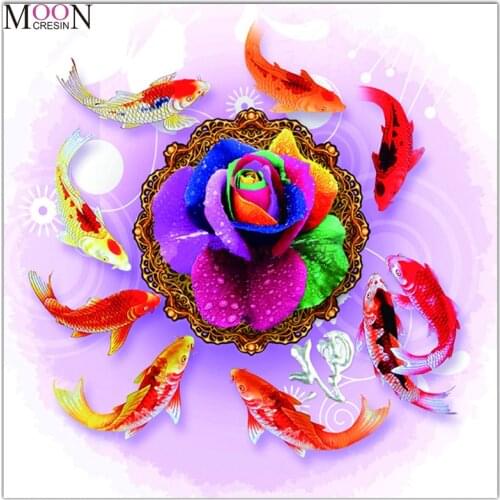 MOONCRESIN Diy Diamond Painting Cross Stitch Goldfish Play In The Water Diamond Mosaic Full Round Diamond Embroidery Decoration