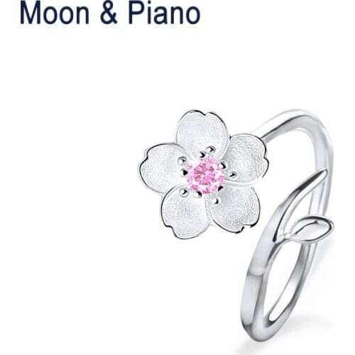 925 Sterling Silver Romantic Cherry Blossom Open Ring Romantic Love Sakura Rings Cute Flower Fine Jewelry Valentines Day Gifts
