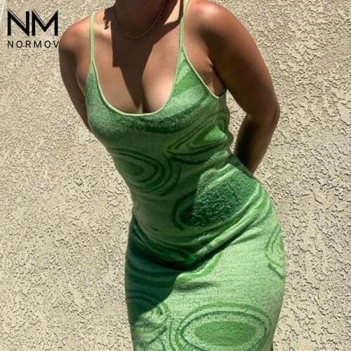NORMOV Print Knit Dress Women Bodycon Summer Hollow Out Sleeveless Dresses Spaghetti Strap Beach Midi Party Women Dresses