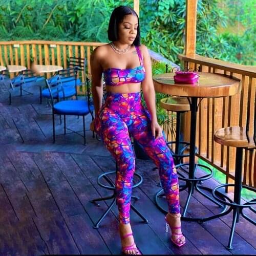 RMSFE 2021 Ladies Sleeveless Strapless Personalized Fashion Sexy Printed Casual Pants Two-Piece Set