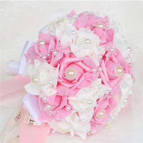 Pink PE Flower Bouquet Bridesmaid Bridal Silk Ribbon Wedding Bouquets With Pearl Holding Foam Rose Flowers De Mariage Party W205