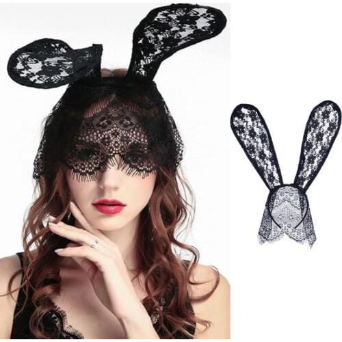 Sexy Floral Lace Rabbit Ears Headband Half Mask Veil Bunny Cosplay Hair Hoop F3MF