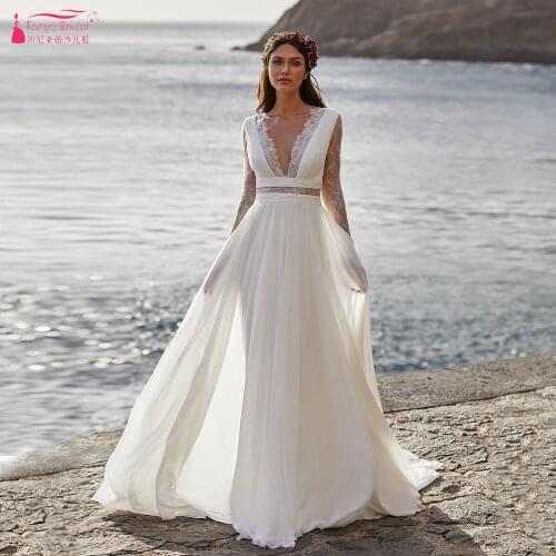 Long Sleeve Boho Wedding Dresses Chiffon A Line Bridal Gowns Sheer Back Charming Vestido De Noivas ZW484