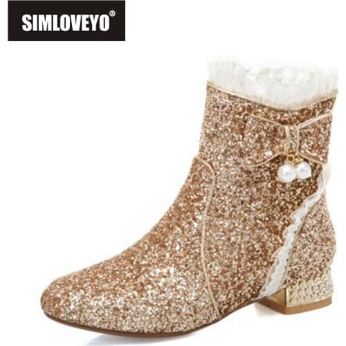SIMLOVEYO Princess Lace Ankle Boots Bowtie Pearl Crystal Sequined Cloth Round Toe Zip 2.5cm Short Heel US12 Pink Silver A4212