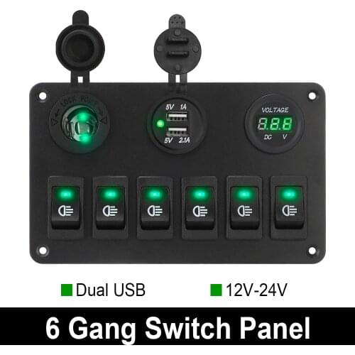 6 Gang Rocker Switch Panel DC 12V/24V Waterproof Dual USB Ports LED Digital Voltmeter Car Marine Circuit Breaker ON/OFF Lights