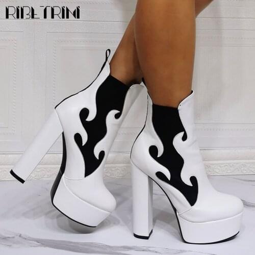 RIBETRINI New Brand Platform Flame Heels White Ankle Boots Women Round Toe Party Dress Fire Heels Design Stylish Boots For Women