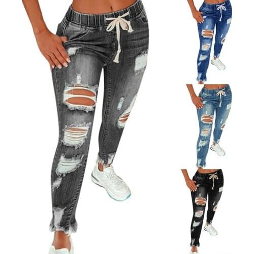 2021 Ladies Elastic Long Pants Waist Drawstring Denim Jeans For Women Sexy Ripped Hole Stretch Jean New Pencil Bandage