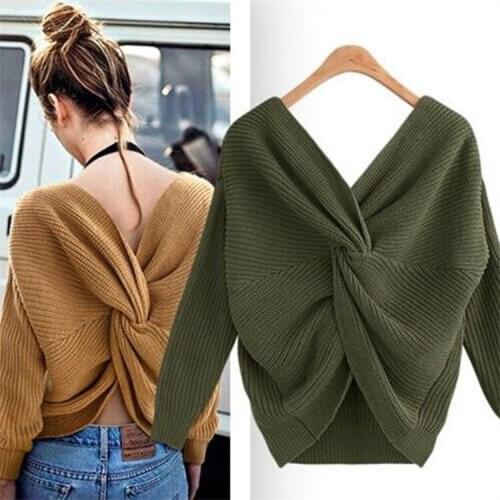 New Sexy Solid Color Sweater Women V Neck Back Knot Twisted Sweater Long Sleeve Jumper Pullover Loose Warm Sweater One Size