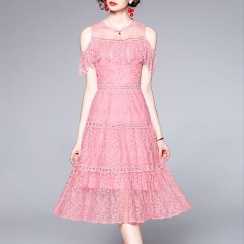 Fashion Runway Summer Lace Midi Dress Women Sexy Off Shoulder Ruffles Gorgeous Pink Flower Elegant Party Robe Long Vestidos