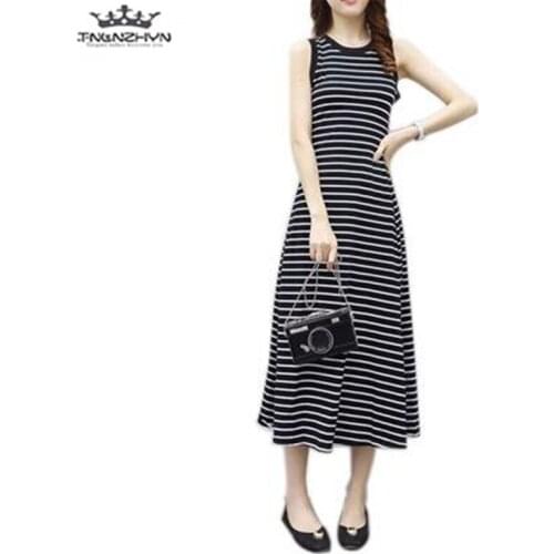 Tnlnzhyn 2019 New Summer Women Fashion Stripes Dresses Sleeveless Round neck Vest Dresses A-line long Casual Dress Y1102